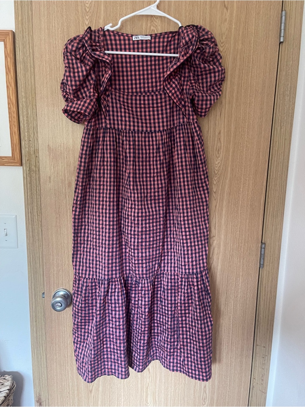 Zara Pink & Black Gingham Puff Sleeve Midi Dress